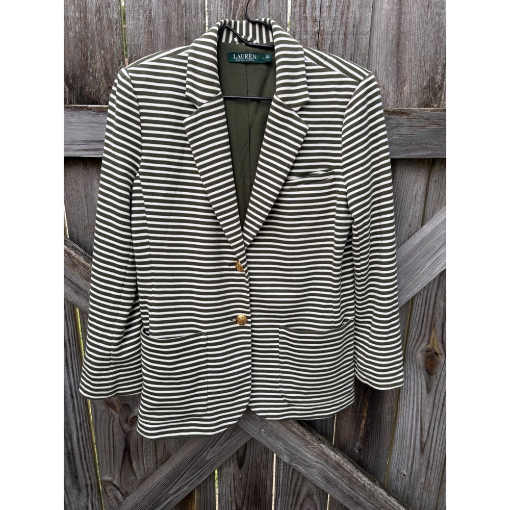 Lauren Ralph Lauren Olive White Striped Knit Blazer Gold Crest Buttons Large